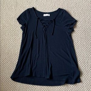 Navy Blue flowy shirt with criss-cross V-neck
